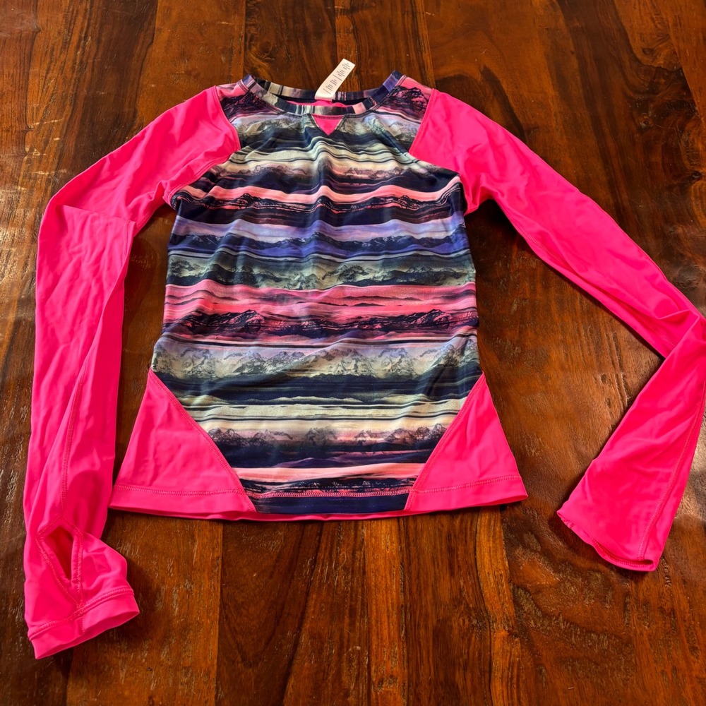 Ivivva by Lululemon Girls Pink Mountain Print Rash Guard Thumbholes Size 14